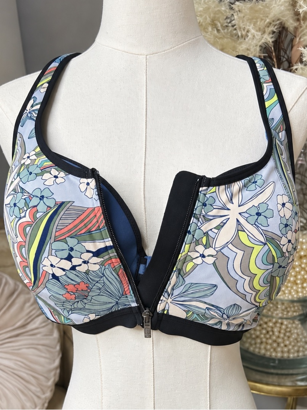 Victoria Sport Plus Sz Floral Front-Zip Maximum Support Sports Bra Blue